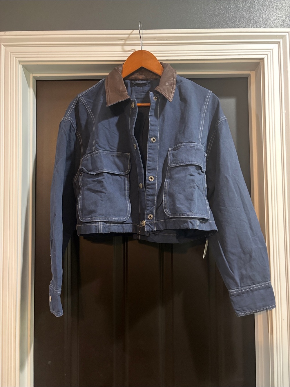 Free People Cropped Navy Jacket with Brown Collar